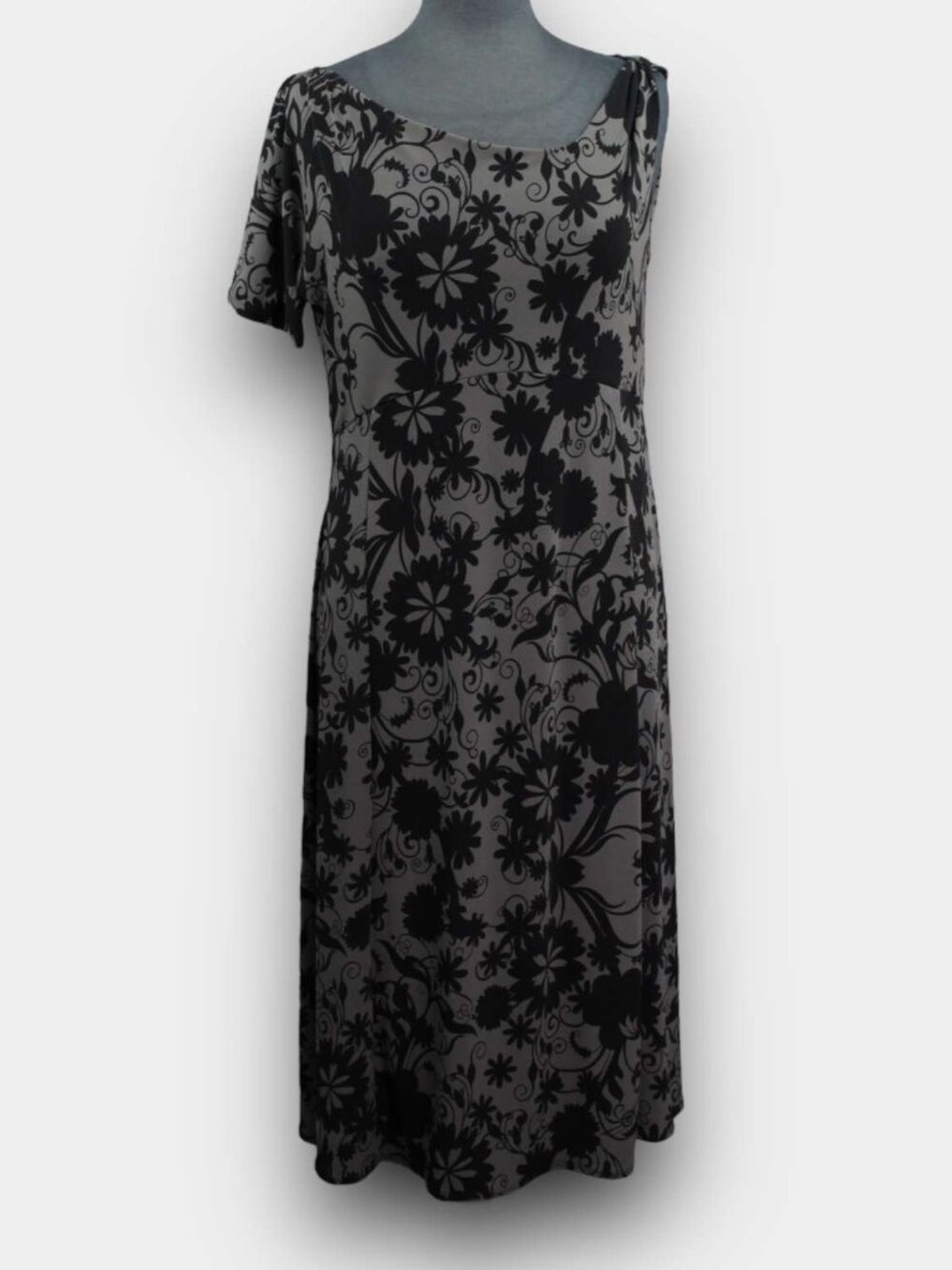 Jockey M One Shoulder Black Floral Scroll Print Stretch Asymmetrical Midi Dress